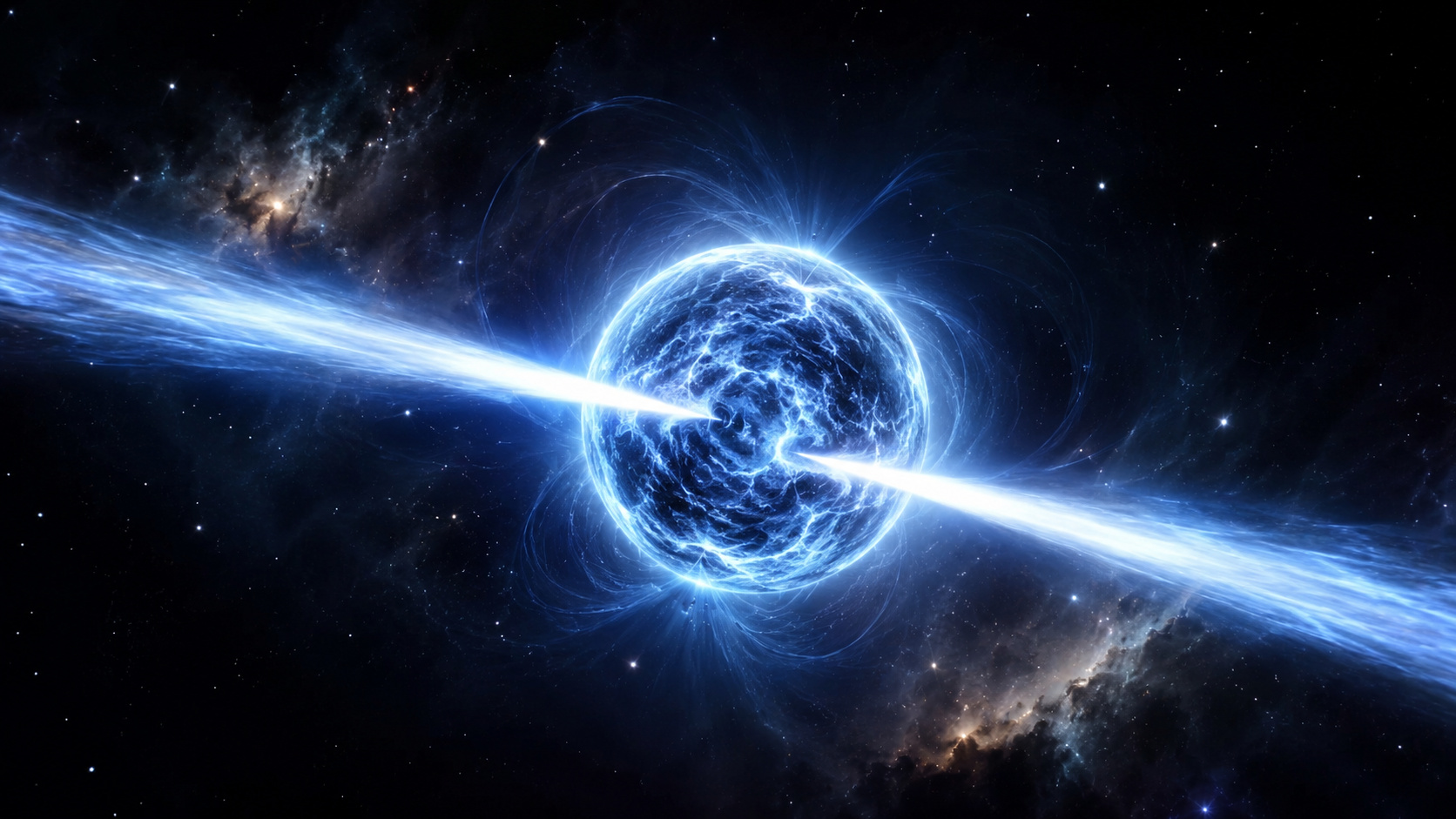 Ilustração realista de um pulsar brilhante emitindo feixes intensos de energia no espaço profundo, representando estruturas invisíveis observadas na Via Láctea.