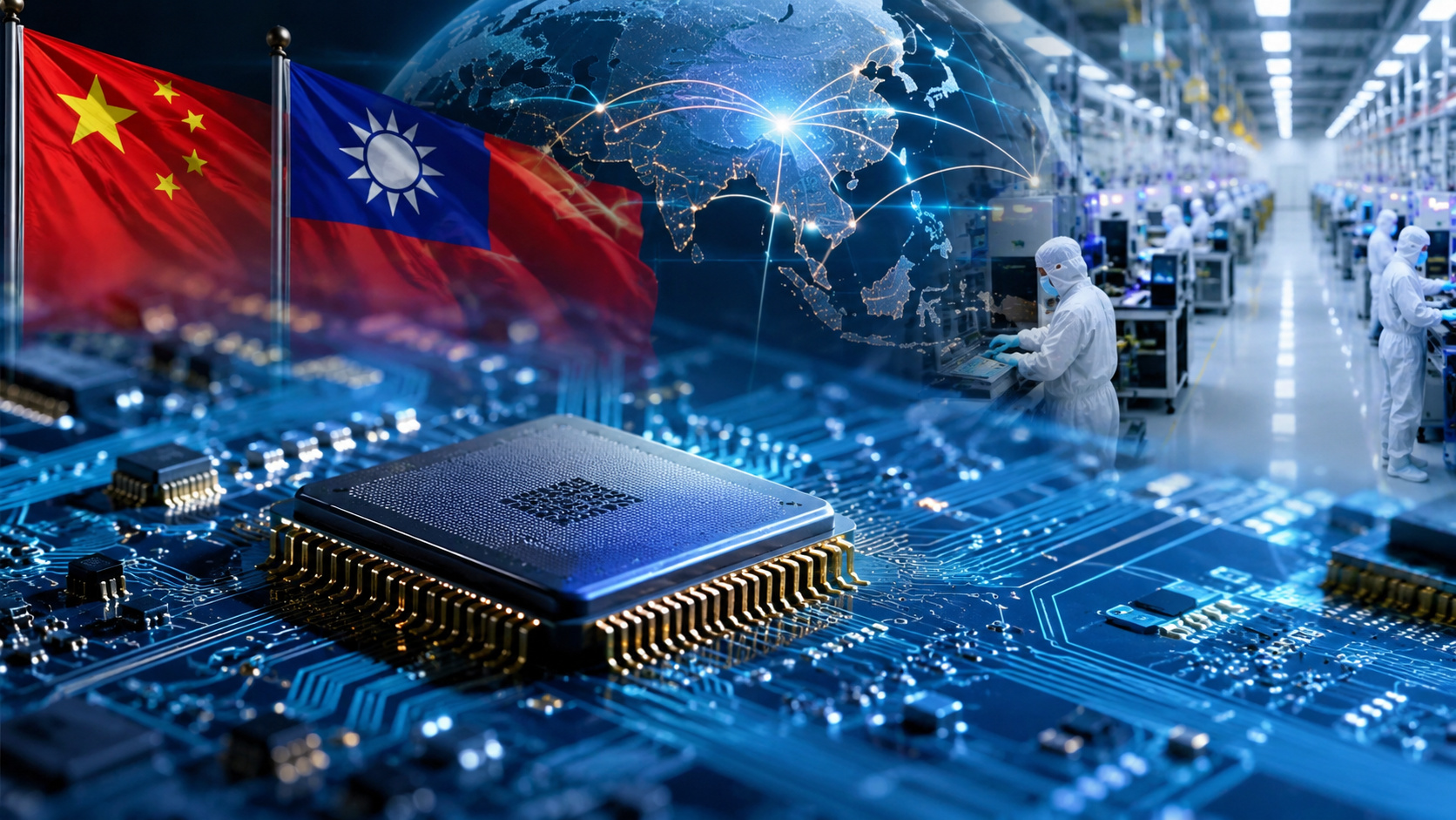 Chip semicondutor em destaque diante de fábrica tecnológica com referências à China e Taiwan, representando a expansão global da indústria de semicondutores e inteligência artificial.