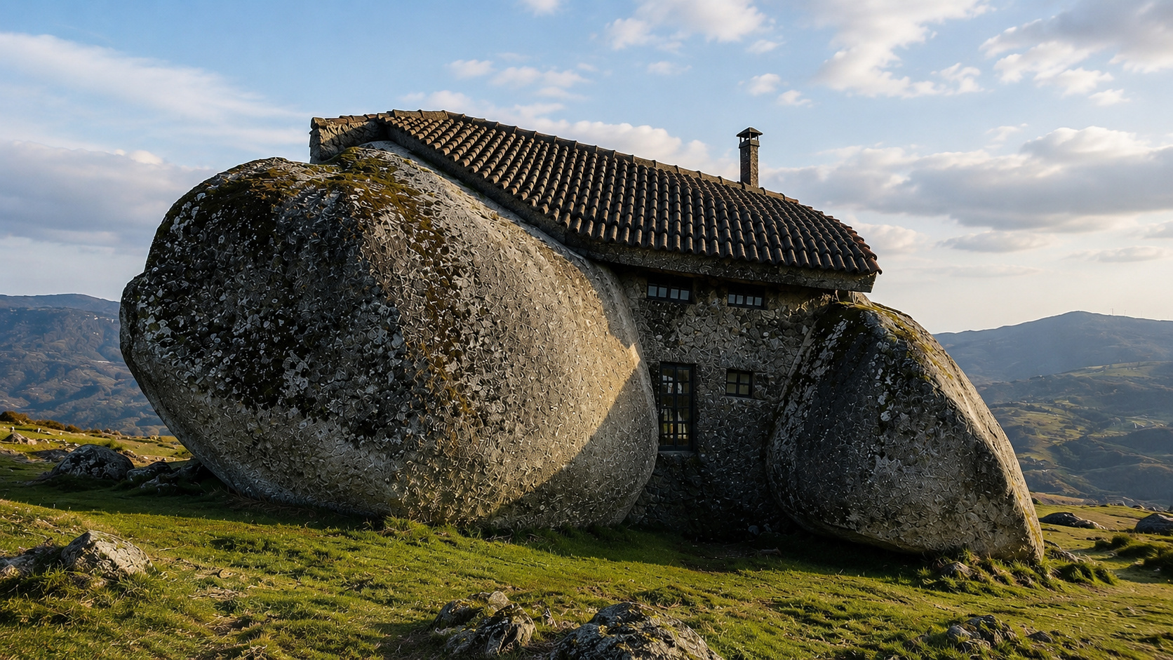 Casa de pedra integrada a grandes blocos de granito em paisagem montanhosa, representando a Casa do Penedo e a arquitetura sustentável em rochas naturais.
