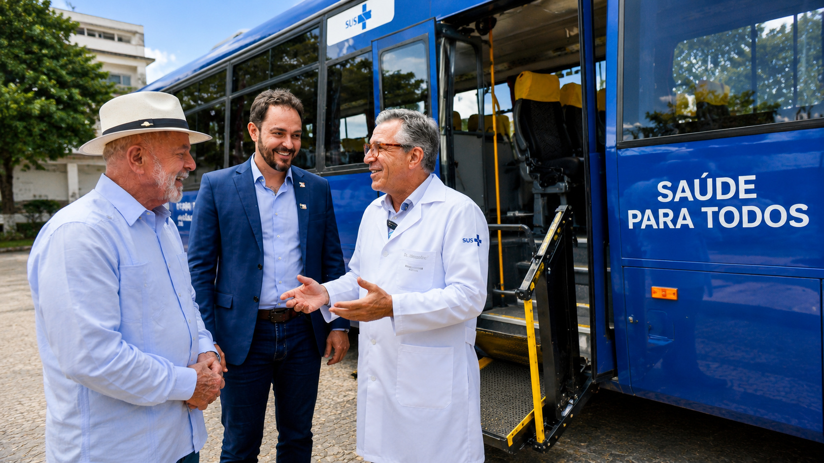 Presidente Lula, Alexandre Padilha e representante do SUS conversam ao lado de ônibus adaptado para serviços públicos de saúde durante anúncio de investimentos em tratamentos contra o câncer.