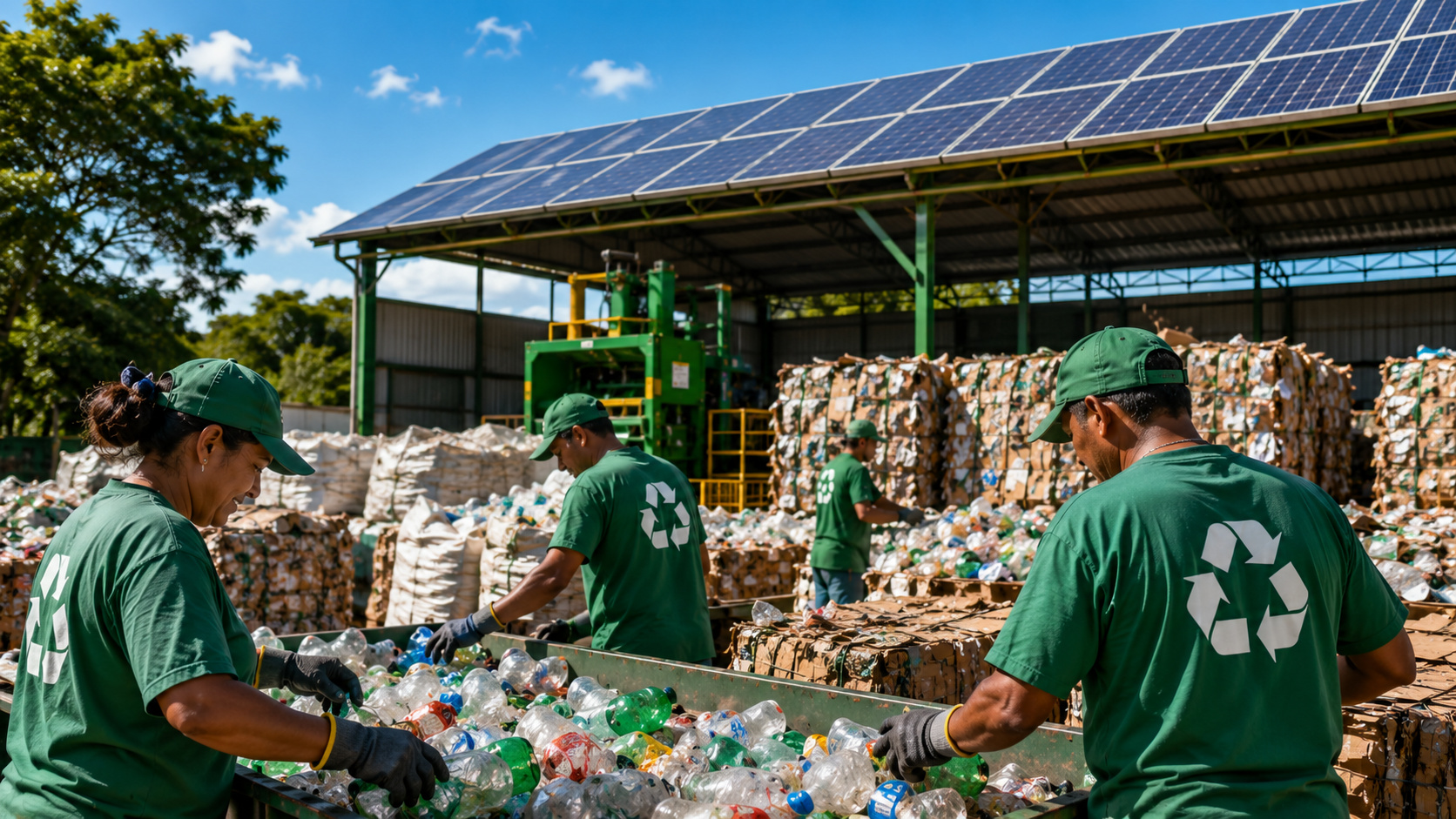Catadores trabalham na separação de materiais recicláveis em galpão com painéis de energia solar instalados no telhado, destacando sustentabilidade e reciclagem em Montes Claros.