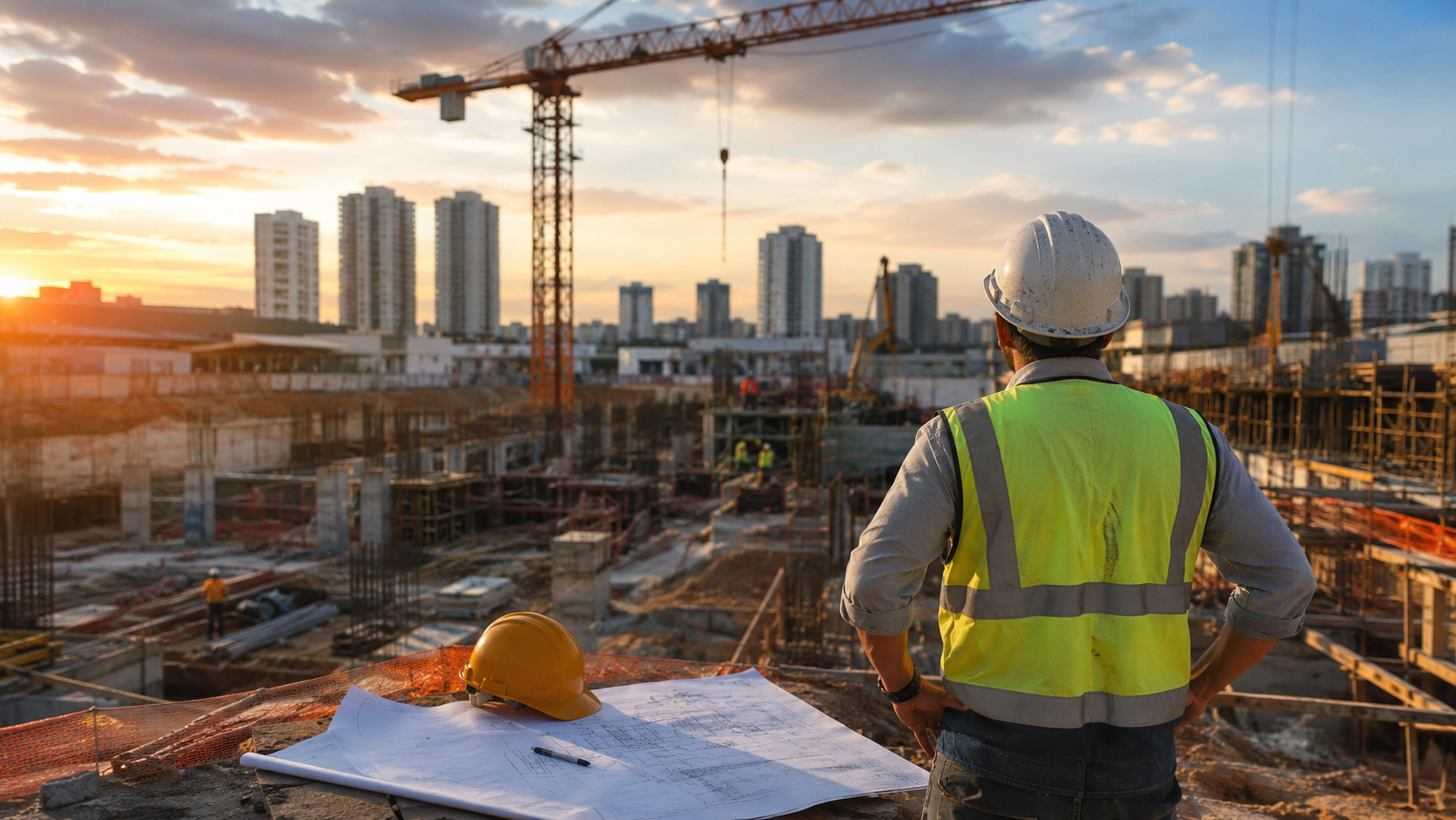 Engenheiro observa grande obra de construção pesada com guindastes, prédios e trabalhadores ao fundo durante pôr do sol, representando a crise de mão de obra qualificada na infraestrutura do Brasil.