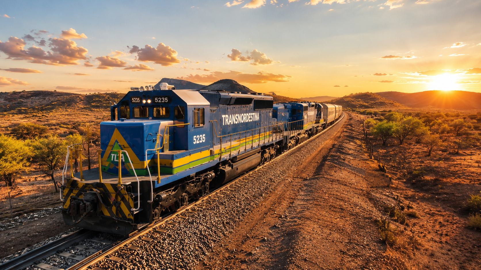 Locomotiva da Transnordestina percorre trecho ferroviário em região semiárida do Nordeste durante o pôr do sol, destacando o avanço das obras da ferrovia estratégica para transporte de cargas.