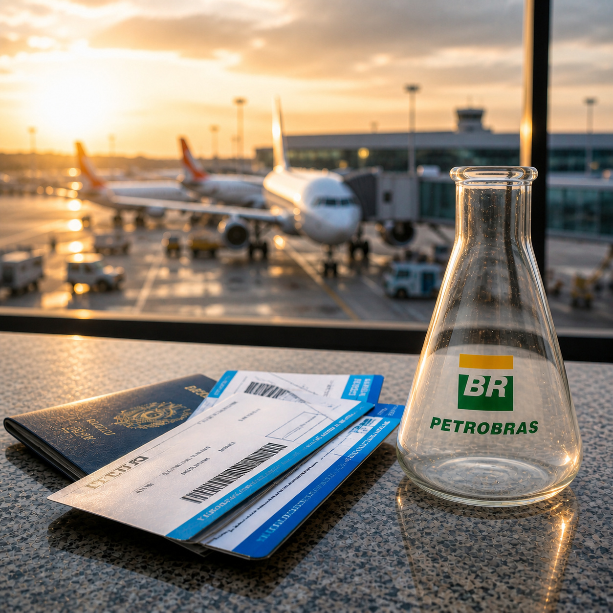 Passagens aéreas ao lado de frasco de querosene com logotipo da Petrobras em aeroporto com aviões ao fundo desfocados