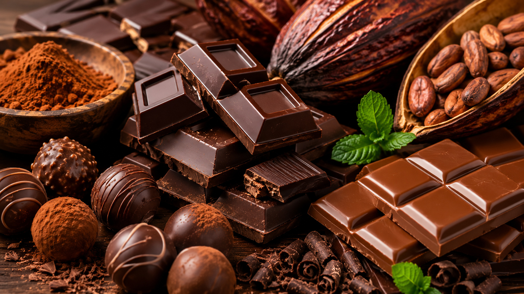 Variedade de chocolates artesanais e barras de chocolate ao leite e meio amargo ao lado de cacau em pó, trufas e amêndoas de cacau sobre mesa de madeira escura.