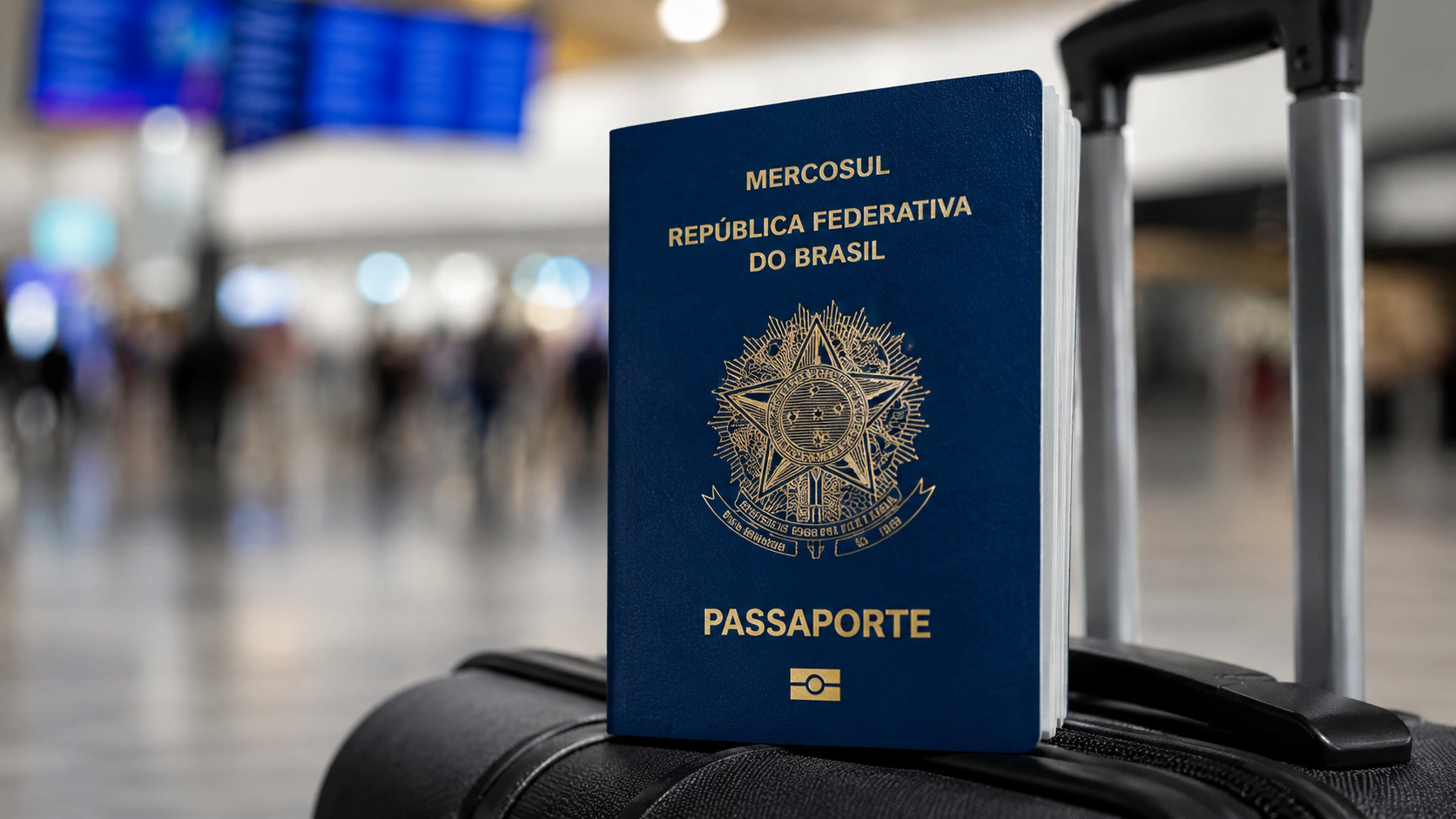 Passaporte brasileiro apoiado sobre mala em aeroporto internacional, representando viagens, imigração e entrada de brasileiros na Europa.