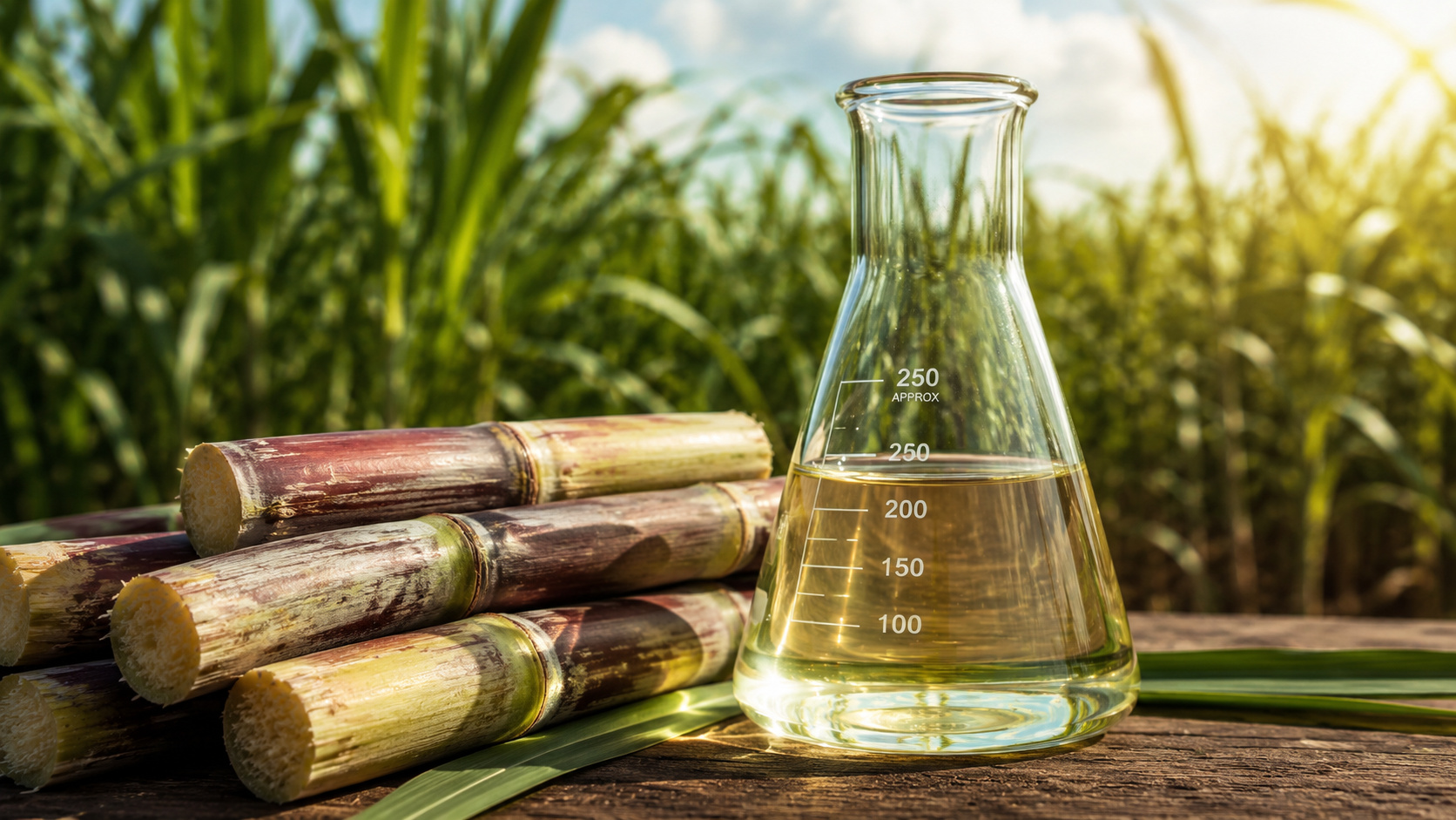 Frasco erlenmeyer com etanol de cana ao lado de cana-de-açúcar em plantação brasileira, representando biocombustível, energia renovável e transição energética sustentável.