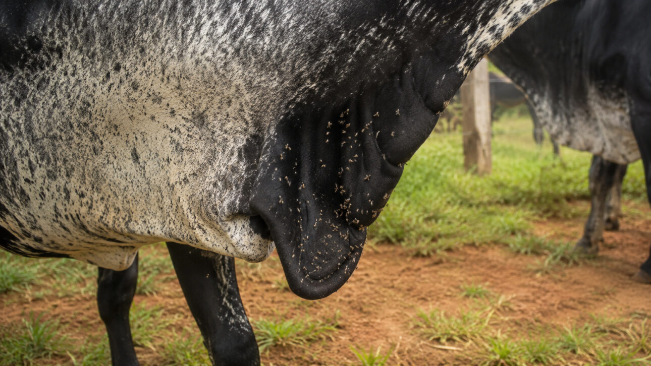 Close em região do corpo de bovino com presença de moscas-do-estábulo em propriedade rural de Mato Grosso do Sul durante infestação que afeta a produção leiteira