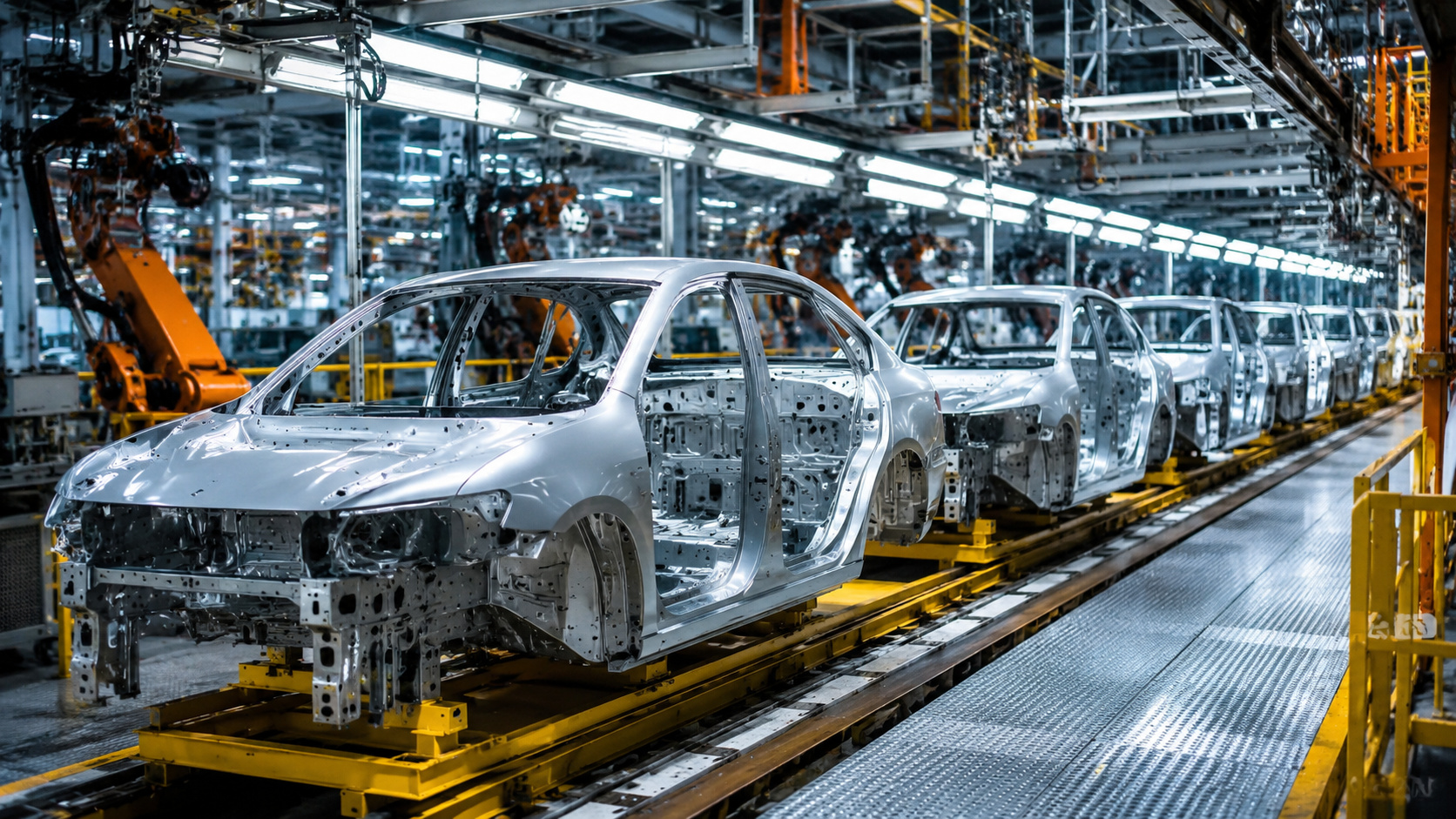 Linha de produção de carros elétricos em fábrica moderna mostra veículos ainda sem pintura e sem logotipos durante processo automatizado de montagem industrial.