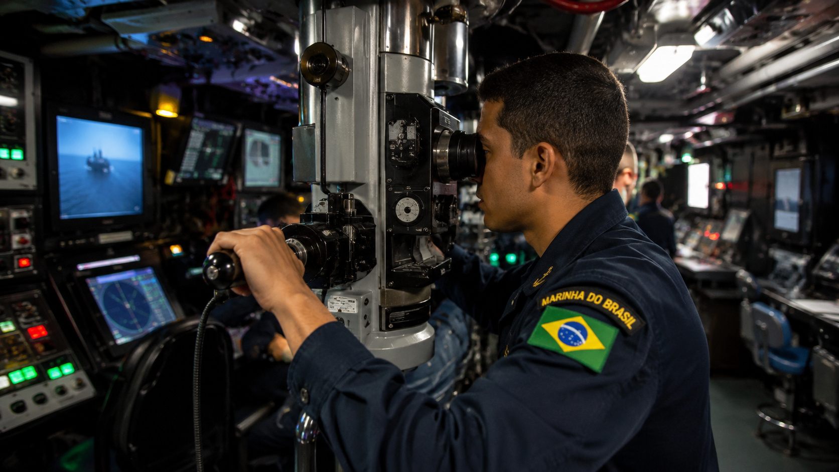 Militar da Marinha do Brasil opera equipamentos em sala de controle de submarino durante atividade técnica em ambiente naval de alta tecnologia.