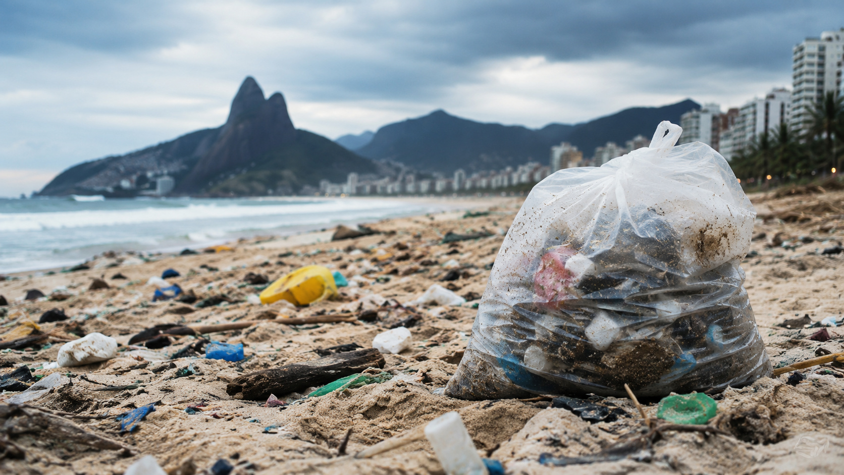 Praia do litoral brasileiro coberta por resíduos plásticos e lixo espalhado na areia, com saco plástico cheio de detritos em destaque e cenário urbano ao fundo sob céu nublado.