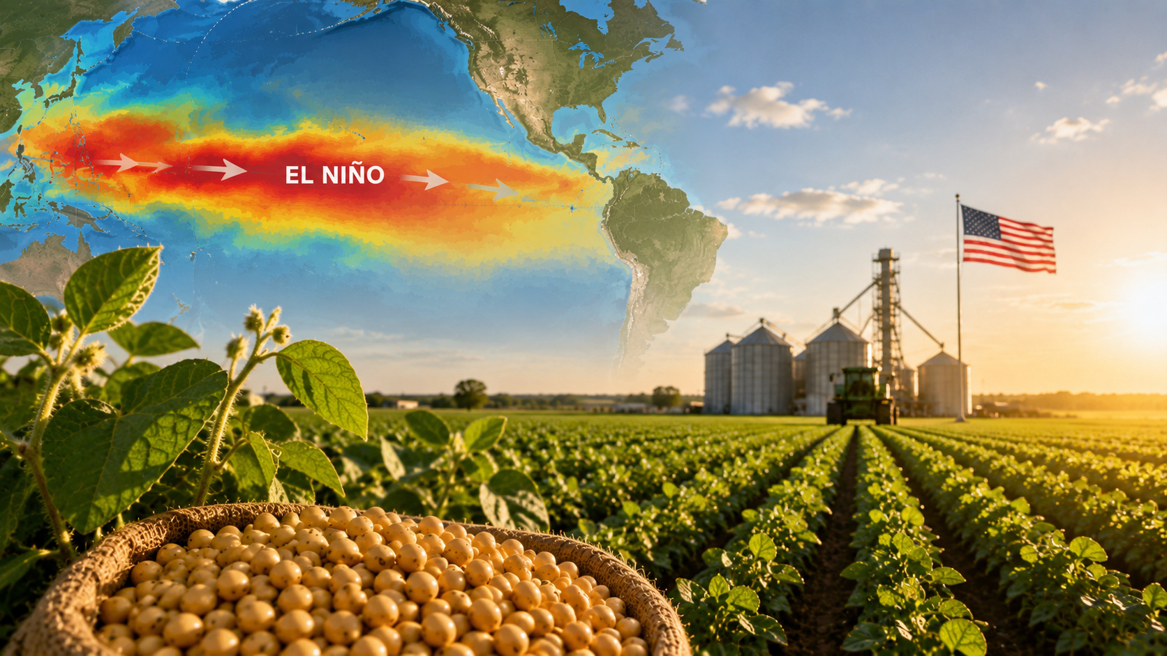 Mapa climático do El Niño sobre o Oceano Pacífico aparece acima de uma plantação de soja nos Estados Unidos, com silos agrícolas e lavoura iluminada ao pôr do sol.