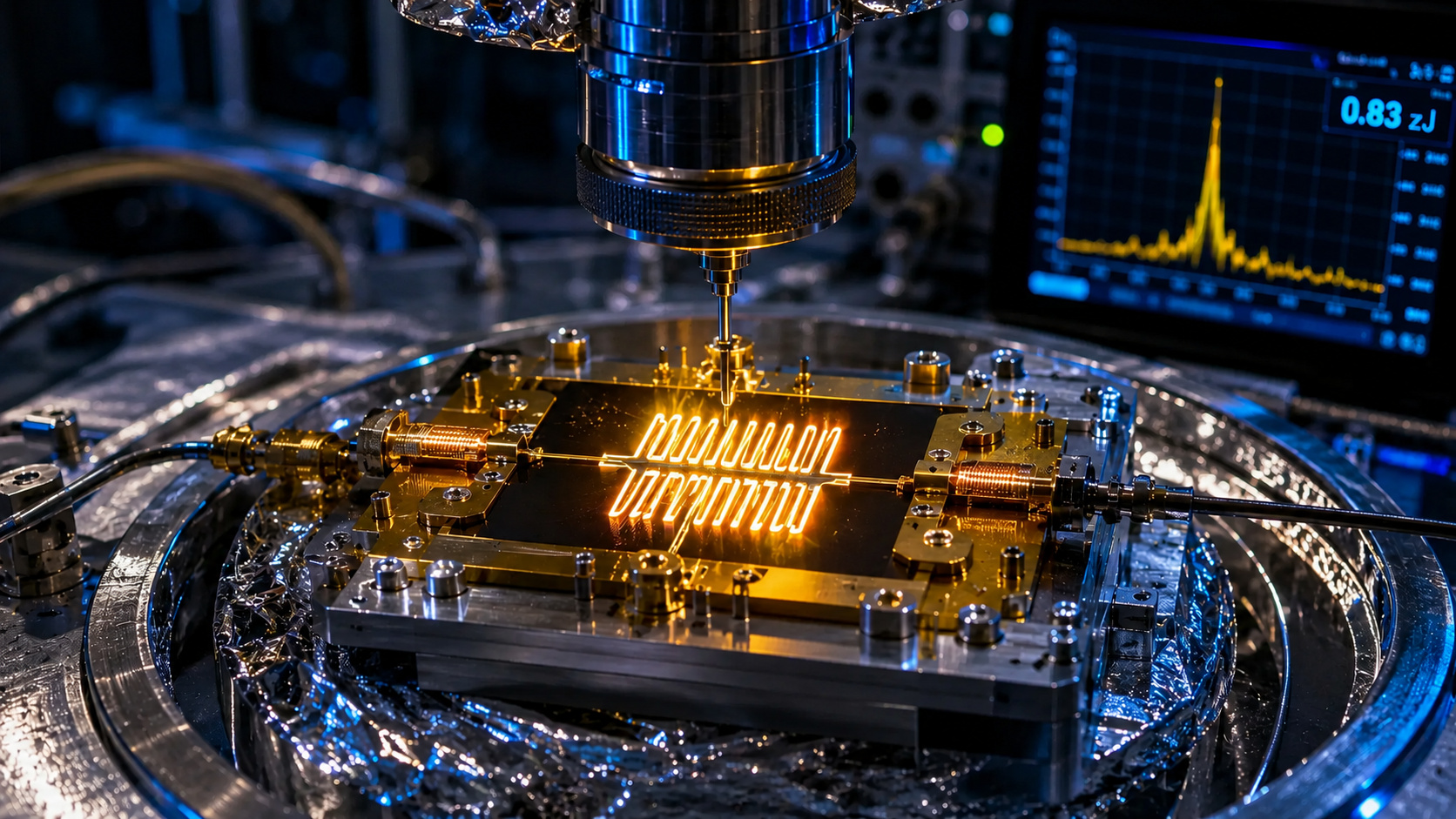 Sensor quântico ultrassensível em laboratório de alta tecnologia durante experimento de detecção de energia em escala subatômica.