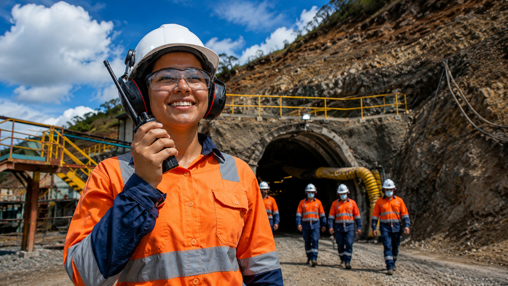 Profissional da mineração utilizando equipamentos de segurança em frente a túnel industrial enquanto trabalhadores deixam área de operação no interior da Bahia.