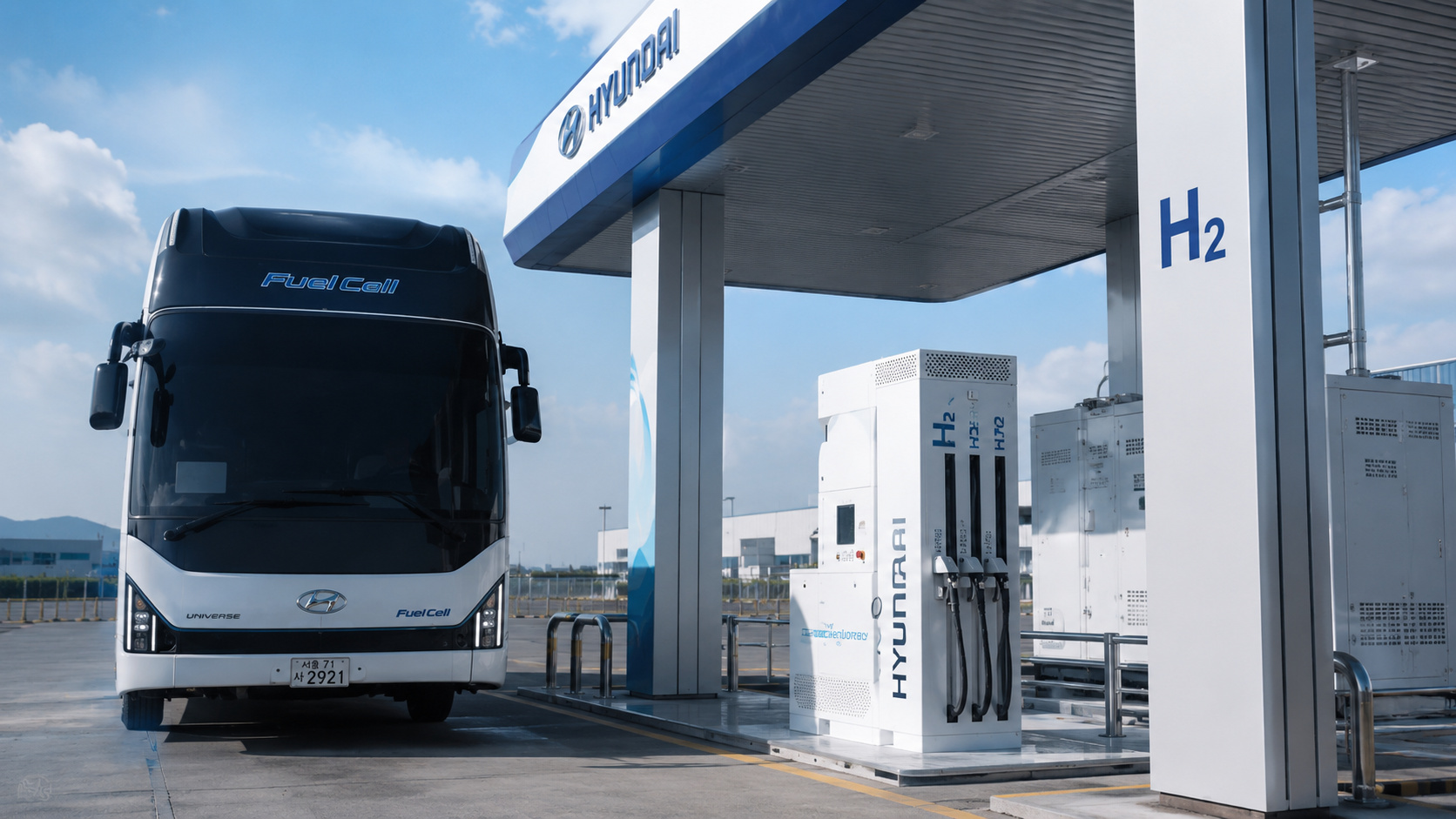 Ônibus movido a hidrogênio da Hyundai em estação moderna de abastecimento H2, representando projeto de mobilidade sustentável e expansão da tecnologia de hidrogênio na Ásia.