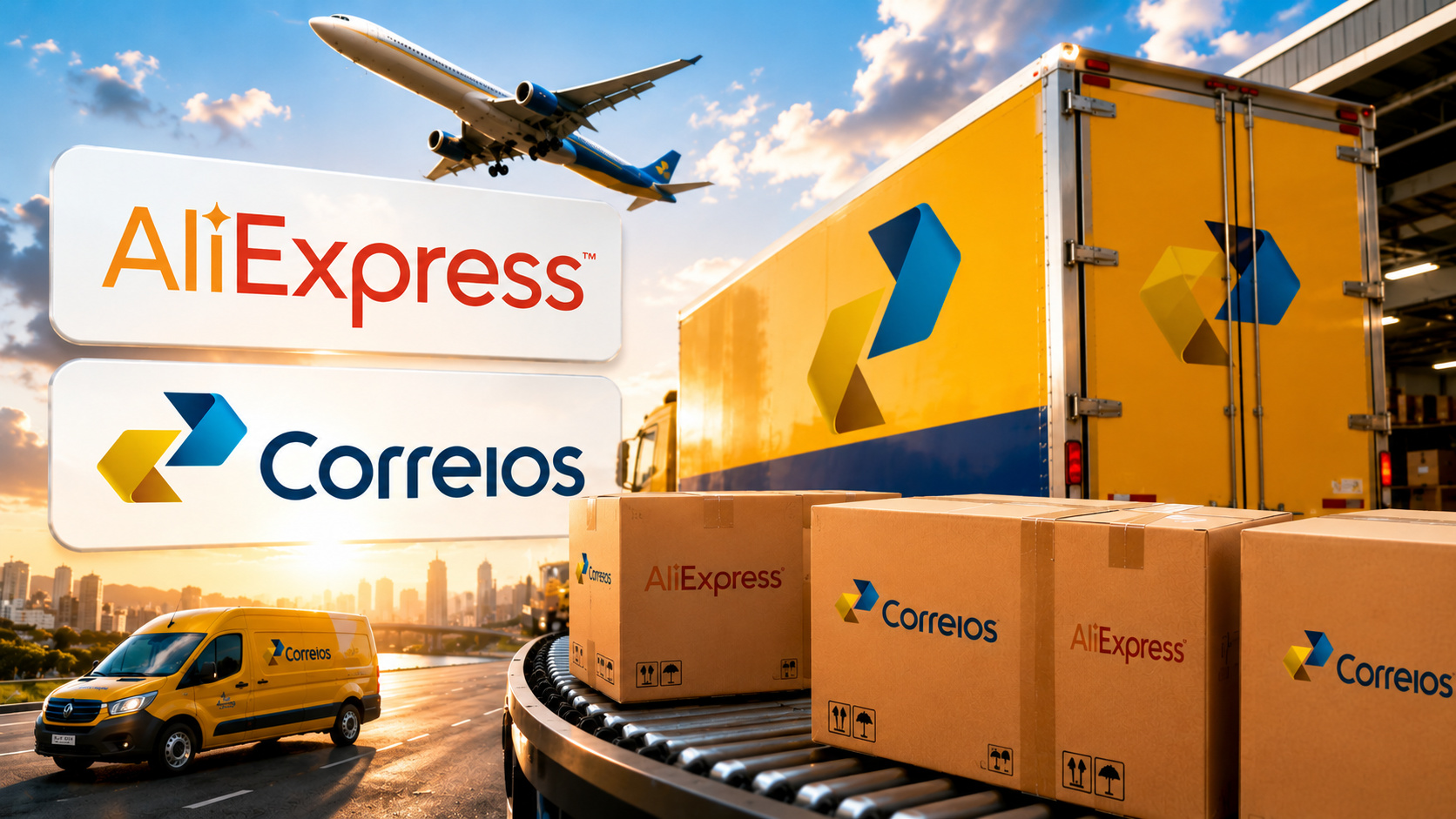 Logotipos da AliExpress e dos Correios ao lado de caminhão de entregas, avião cargueiro e encomendas, representando a parceria para acelerar entregas e ampliar a logística do comércio eletrônico no Brasil.