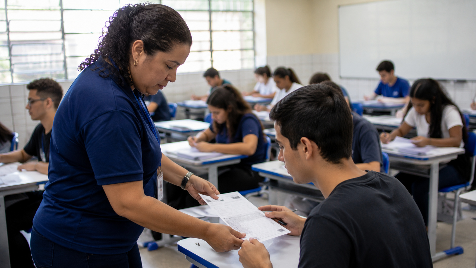 Fiscal de prova entrega exame a candidato durante aplicação do Enem em sala de aula, enquanto estudantes realizam a prova sob supervisão de certificadores.