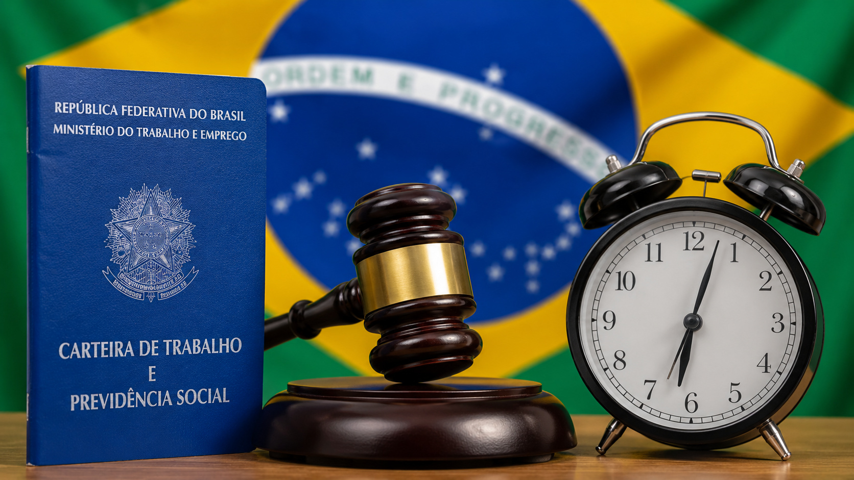 Carteira de Trabalho, martelo de juiz e relógio sobre mesa com bandeira do Brasil ao fundo, representando a PEC 6x1 e as mudanças na jornada de trabalho.