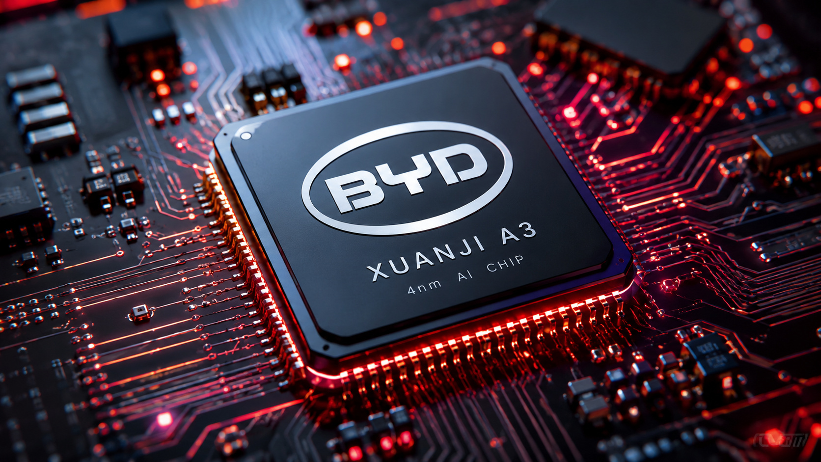 Chip semicondutor Xuanji A3 da BYD em destaque sobre uma placa eletrônica iluminada, representando o avanço da fabricante chinesa no setor de semicondutores para veículos inteligentes.