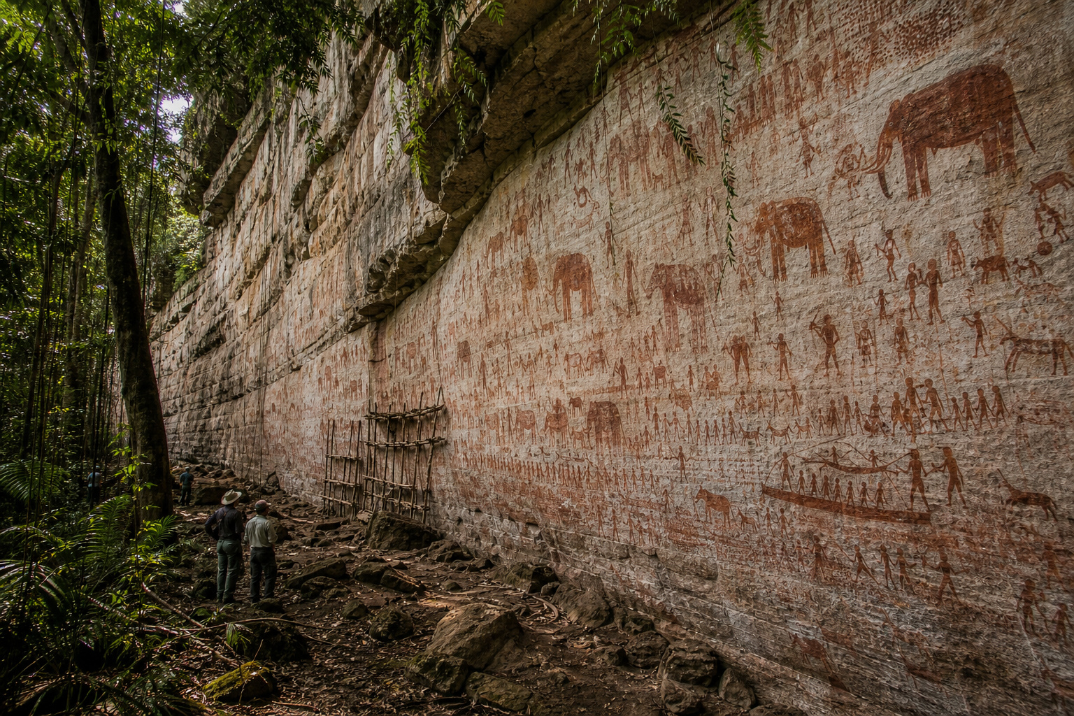 Arqueólogos observam paredão rochoso na Amazônia colombiana com pinturas rupestres de mastodontes, preguiças-gigantes, figuras humanas e cenas da era do gelo.