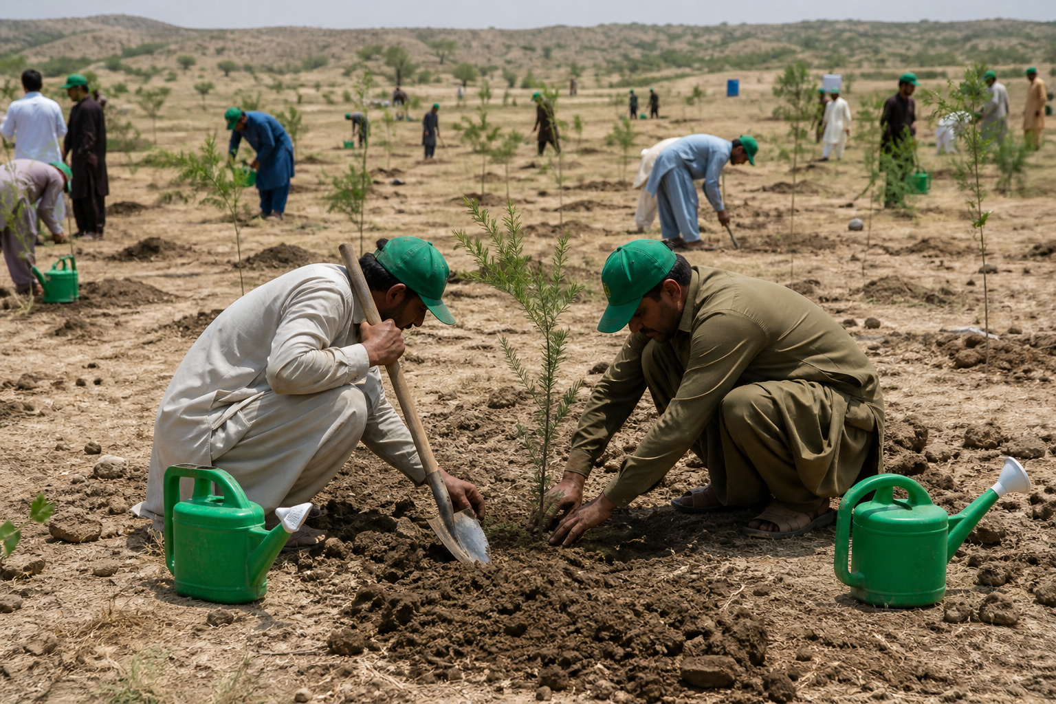 Trabalhadores plantam mudas em área seca do Paquistão durante projeto de reflorestamento contra desertificação e calor extremo.