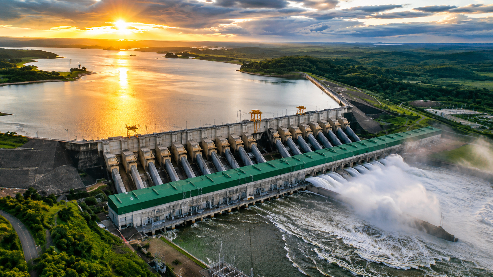 Vista aérea da Usina Hidrelétrica de Belo Monte no rio Xingu durante o pôr do sol, destacando a estrutura da barragem, reservatório e geração de energia na Amazônia.