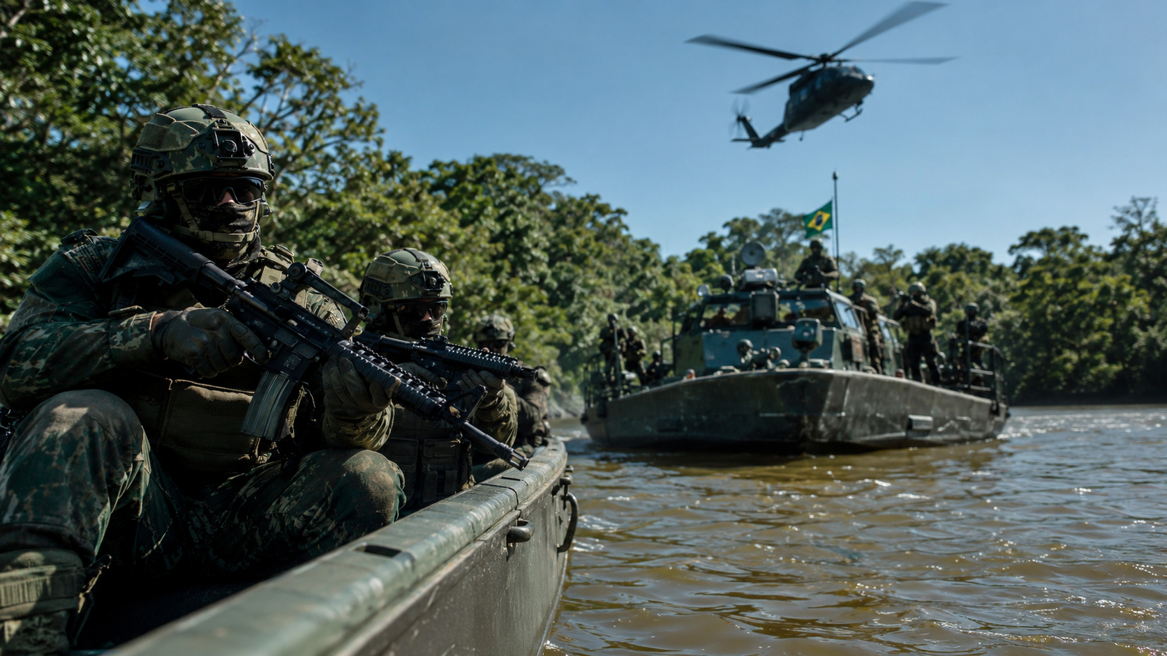 Militares da Marinha do Brasil participam de operação ribeirinha no Pantanal com embarcações táticas, helicóptero e tropas armadas durante a Operação ACRUX XII.