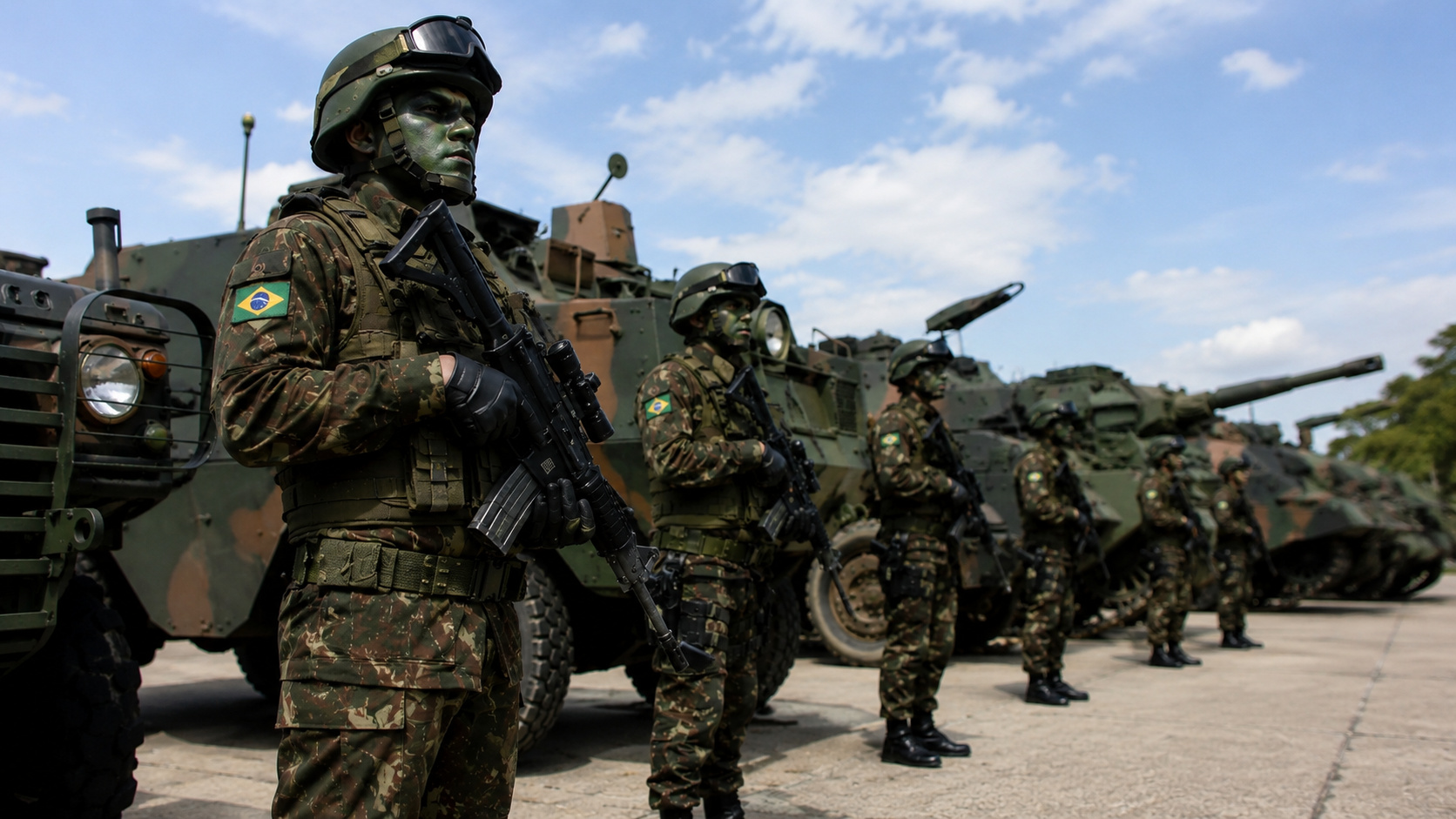 Soldados brasileiros em formação diante de veículos blindados, representando o debate sobre gasto em defesa e soberania militar.