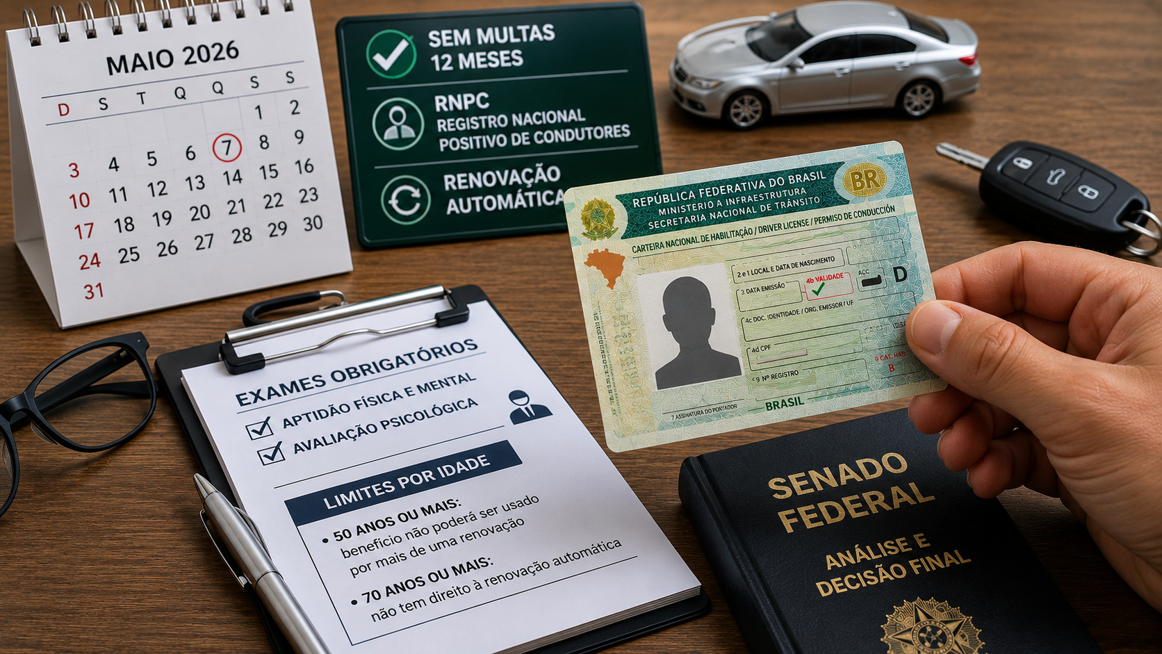 Motorista segurando CNH ao lado de documentos sobre renovação automática da carteira, RNPC, exames obrigatórios e análise do Senado Federal.