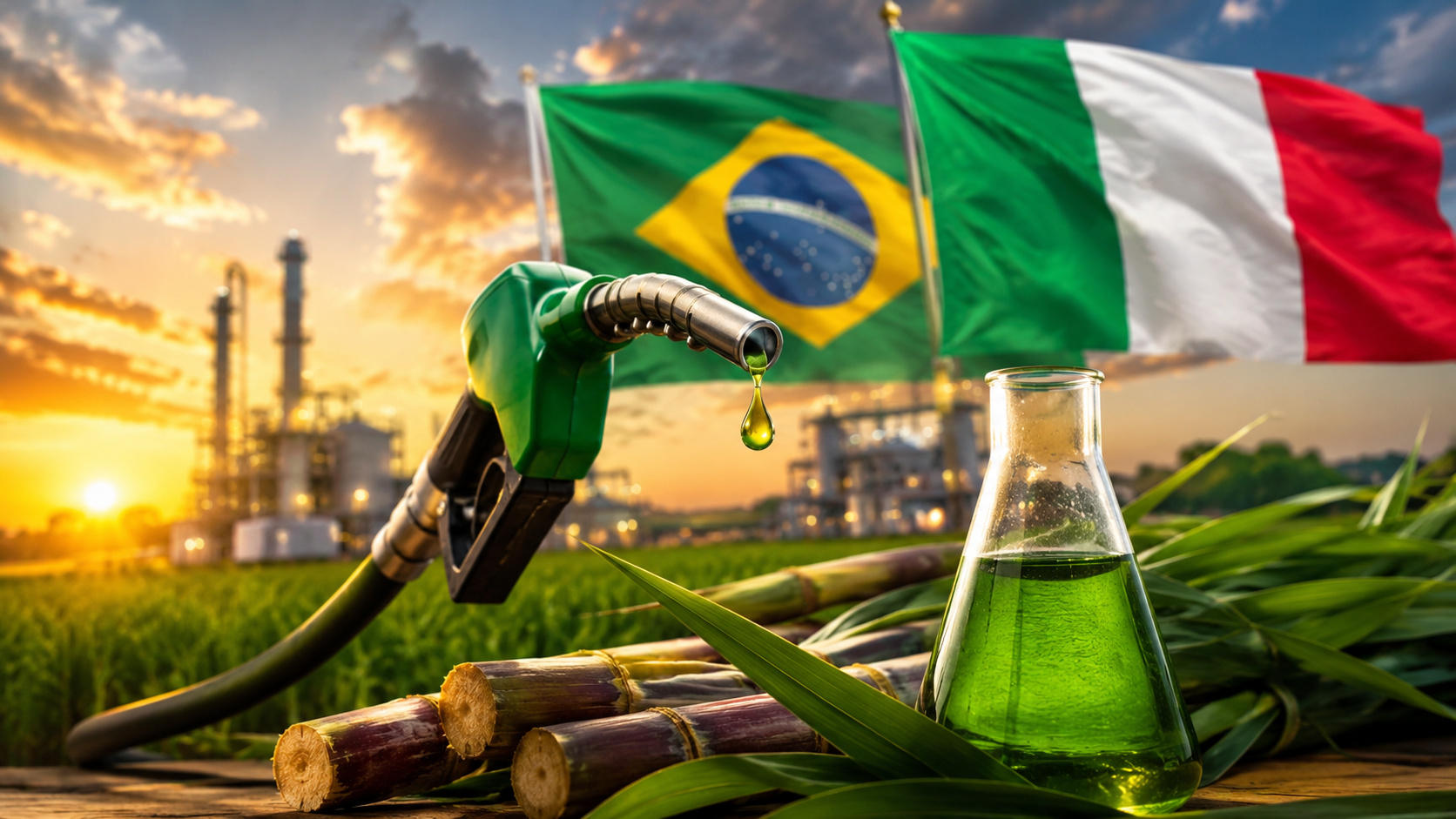 Imagem mostra bandeiras do Brasil e da Itália ao lado de cana-de-açúcar, bomba de combustível verde e laboratório com biocombustível em cenário industrial ligado à energia renovável.