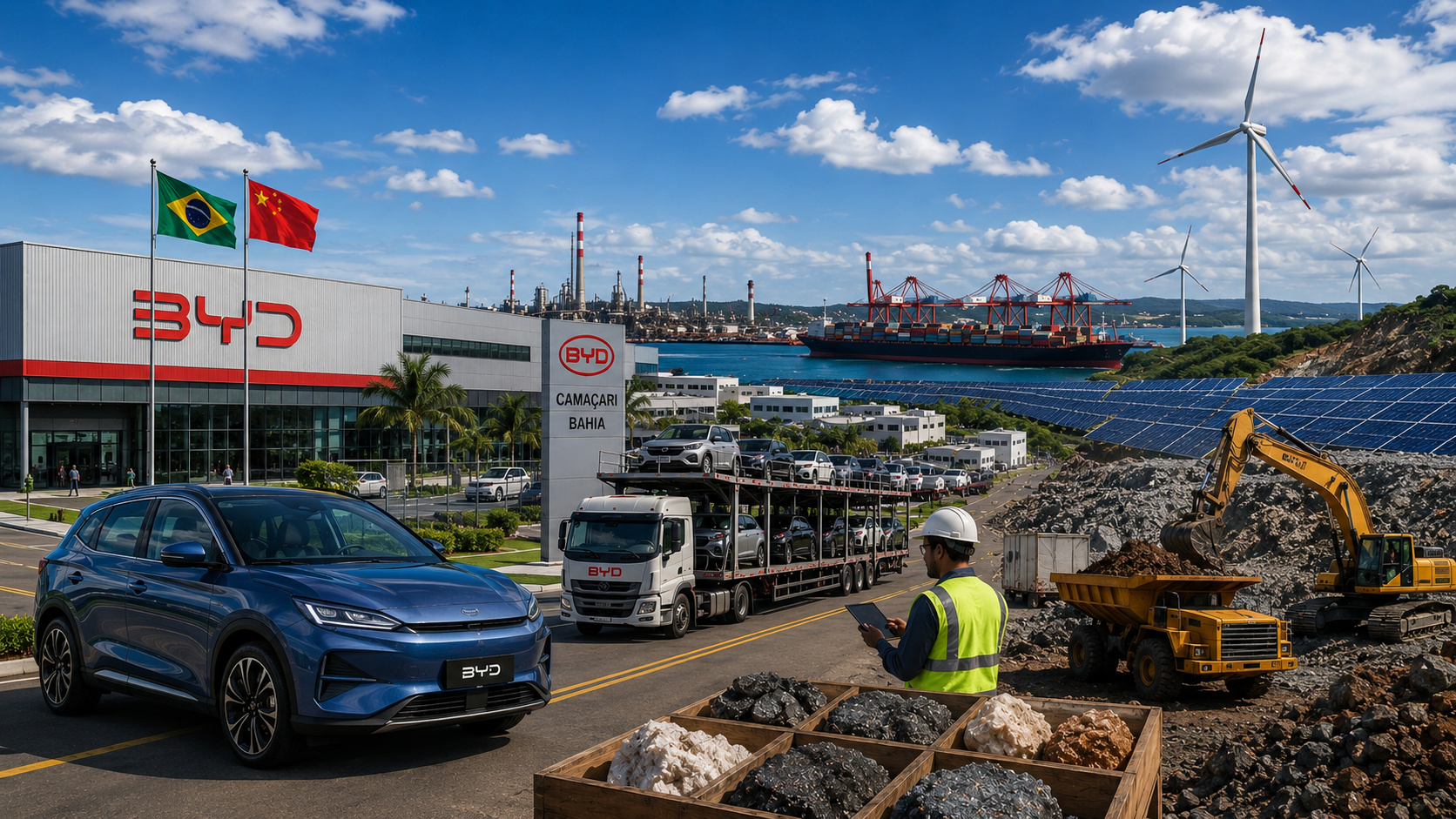 Fábrica da BYD em Camaçari na Bahia com carros elétricos, mineração, painéis solares, porto industrial e turbinas eólicas representando investimentos chineses no Brasil