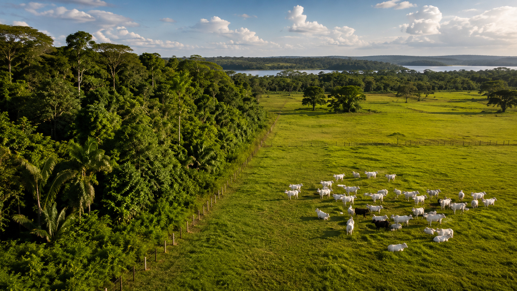 Área de floresta amazônica ao lado de pastagem com gado criado em sistema sustentável