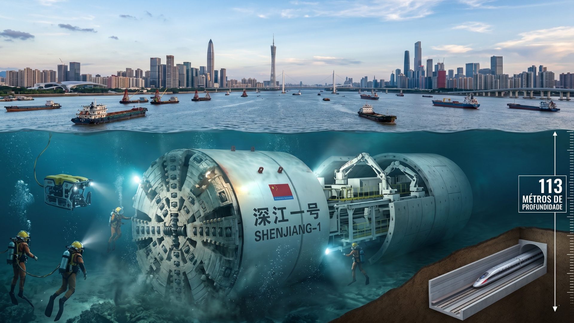 Túnel subaquático do Rio das Pérolas atinge 113 metros abaixo do fundo do mar, usa tuneladora chinesa de 13,42 metros e vai reduzir viagem entre Shenzhen e Jiangmen para menos de 1 hora.