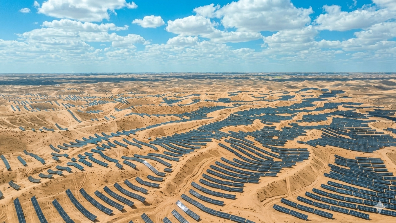 China ocupa o deserto com uma usina solar de 2 GW na Mongólia Interior, instala painéis elevados que criam sombra e umidade sobre a areia e transforma uma fazenda de 2,96 bilhões de kWh por ano em arma inesperada contra a desertificação
