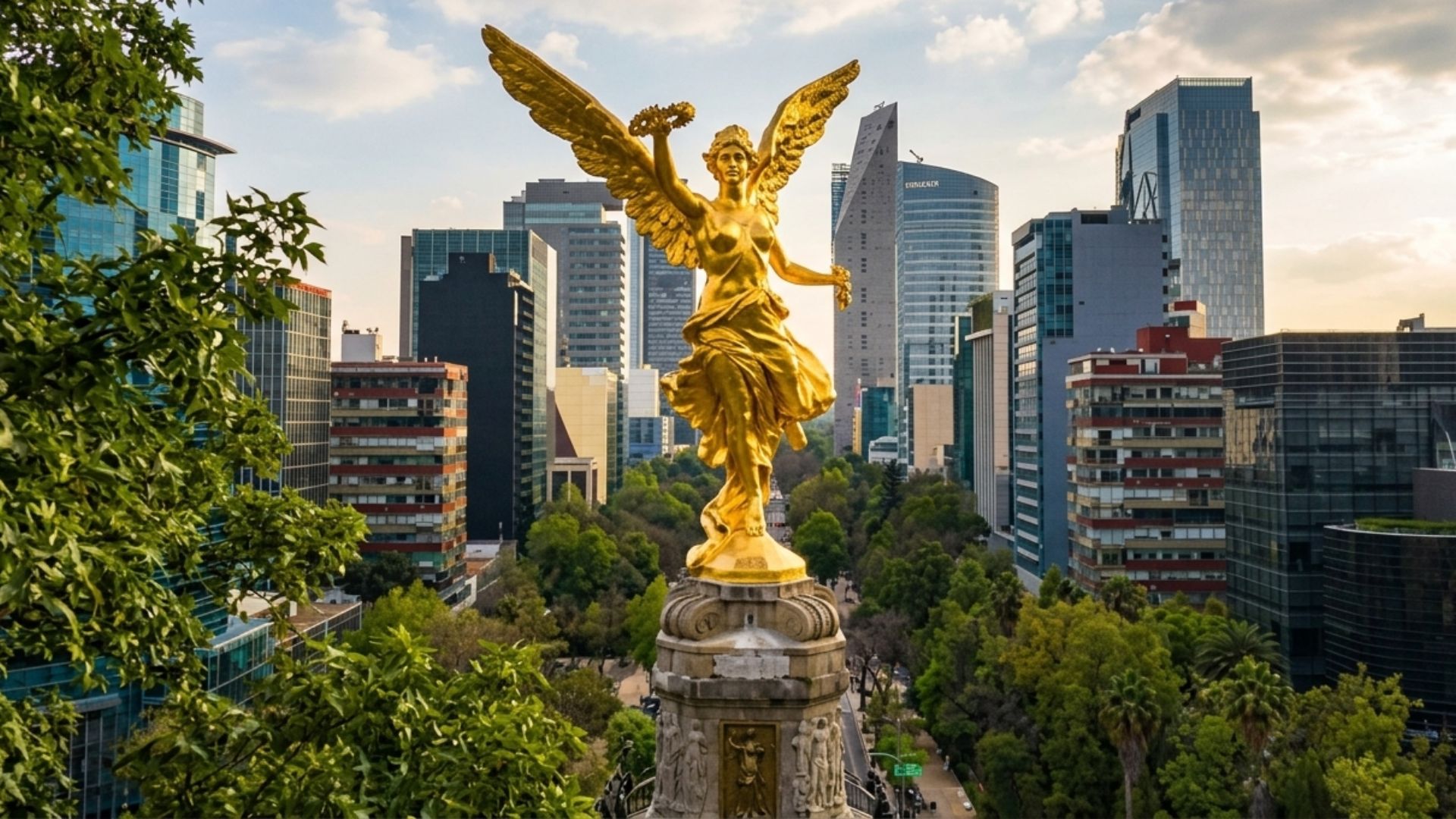 Vista aérea do Anjo da Independência na Cidade do México cercado por prédios modernos e área urbana densa, representando crescimento urbano e desafios estruturais