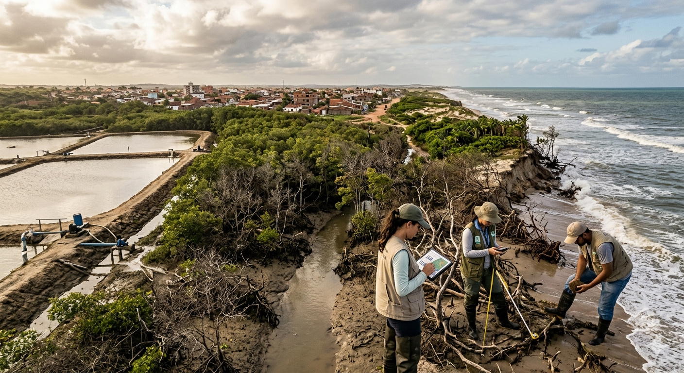 Estudo revela perda funcional em restingas e manguezais do litoral nordestino, onde urbanização, carcinicultura e invasoras reduzem proteção costeira, aumentando erosão, ressacas e riscos às comunidades vulneráveis da região.