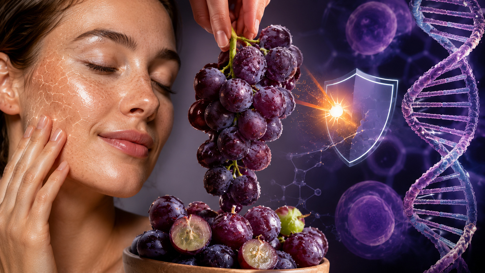Cientistas revelam que comer uvas por duas semanas pode mudar a pele no nível genético, reforçar a proteção contra UV e reduzir danos oxidativos mesmo com respostas diferentes em cada voluntário