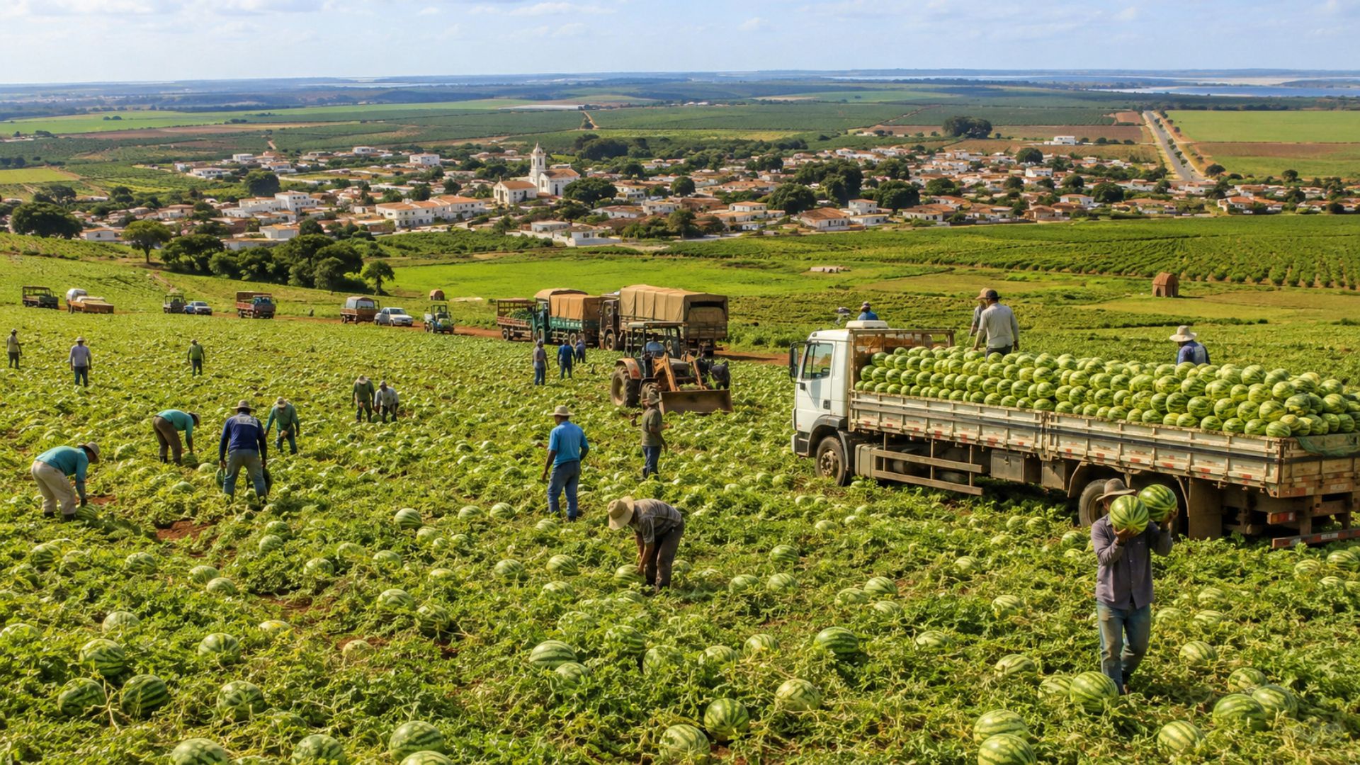 Uruana, em Goiás, produz cerca de 200 mil toneladas de melancia por ano, 10% do total do Brasil, e virou a capital da melancia pela fama e tradição da fruta.