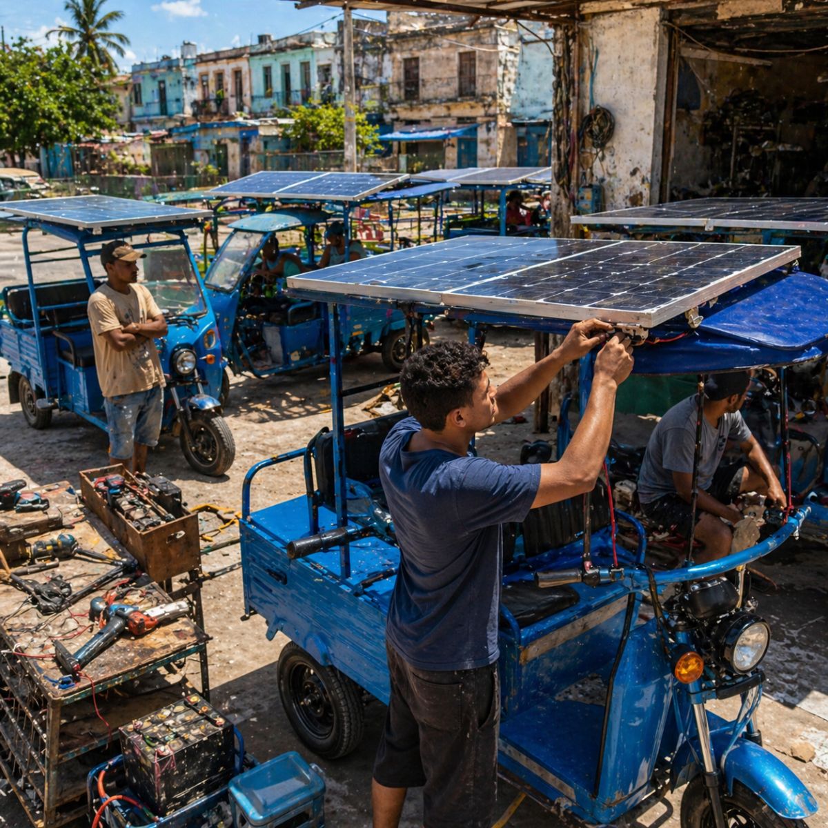 Em Cuba, jovem de 21 anos instala painéis solares em triciclos elétricos. A energia solar salva trabalhadores da crise de combustível na ilha.