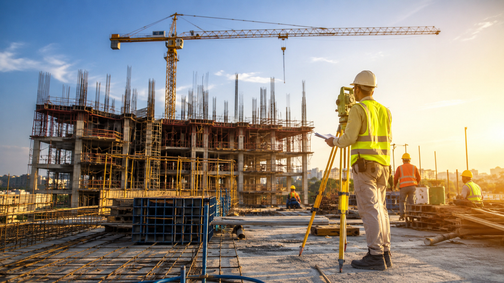 Obra de construção civil com trabalhadores e guindaste em empreendimento habitacional