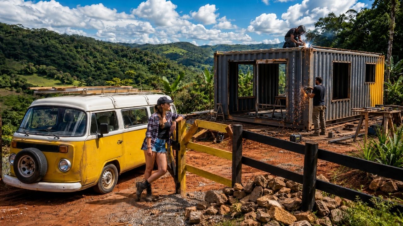 Depois de cruzar as Américas de Kombi, casal do Vibe de Dois mostra nova etapa da casa container em Santa Catarina, com janelas, metalon, solda, pintura