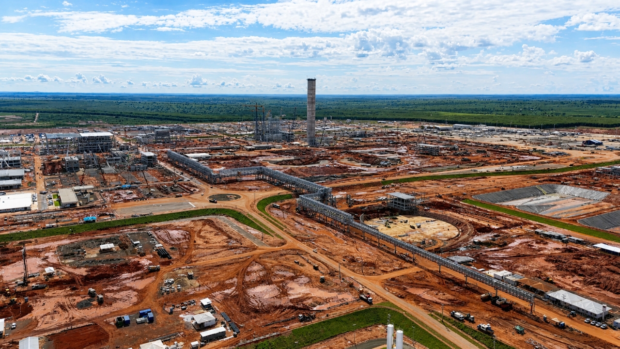 Vista aérea de grande canteiro de obras de uma megafábrica de celulose em construção, com estruturas metálicas, vias internas, máquinas e áreas de terraplanagem.