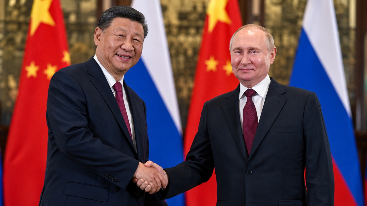 Xi Jinping e Vladimir Putin apertam as mãos diante das bandeiras da China e da Rússia durante encontro diplomático sobre a parceria entre os dois países.