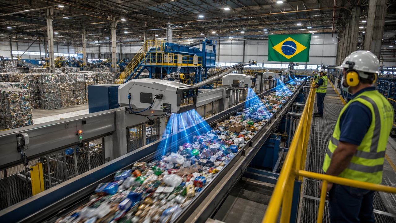 Imagem ultrarrealista de uma moderna planta de reciclagem no Brasil, com esteiras automatizadas, sensores ópticos, feixes de luz e trabalhadores observando a separação de resíduos recicláveis.