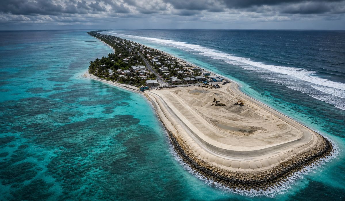 Tuvalu cria terra sobre o oceano em obra de adaptação climática para enfrentar a elevação do mar e preservar áreas habitáveis até 2100.