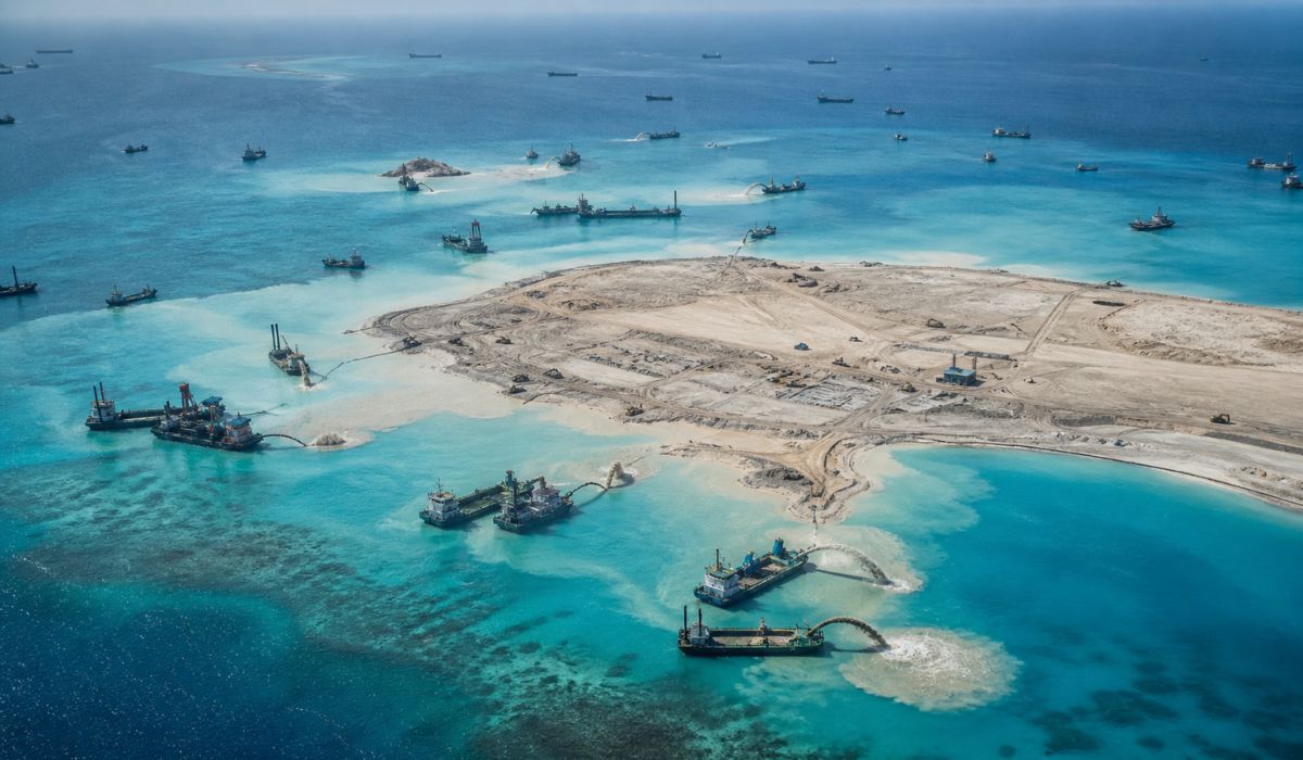 China retoma aterro em recife disputado no Mar do Sul da China e reacende alerta sobre ilhas artificiais e impacto ambiental na região. (Imagem: Ilustrativa)