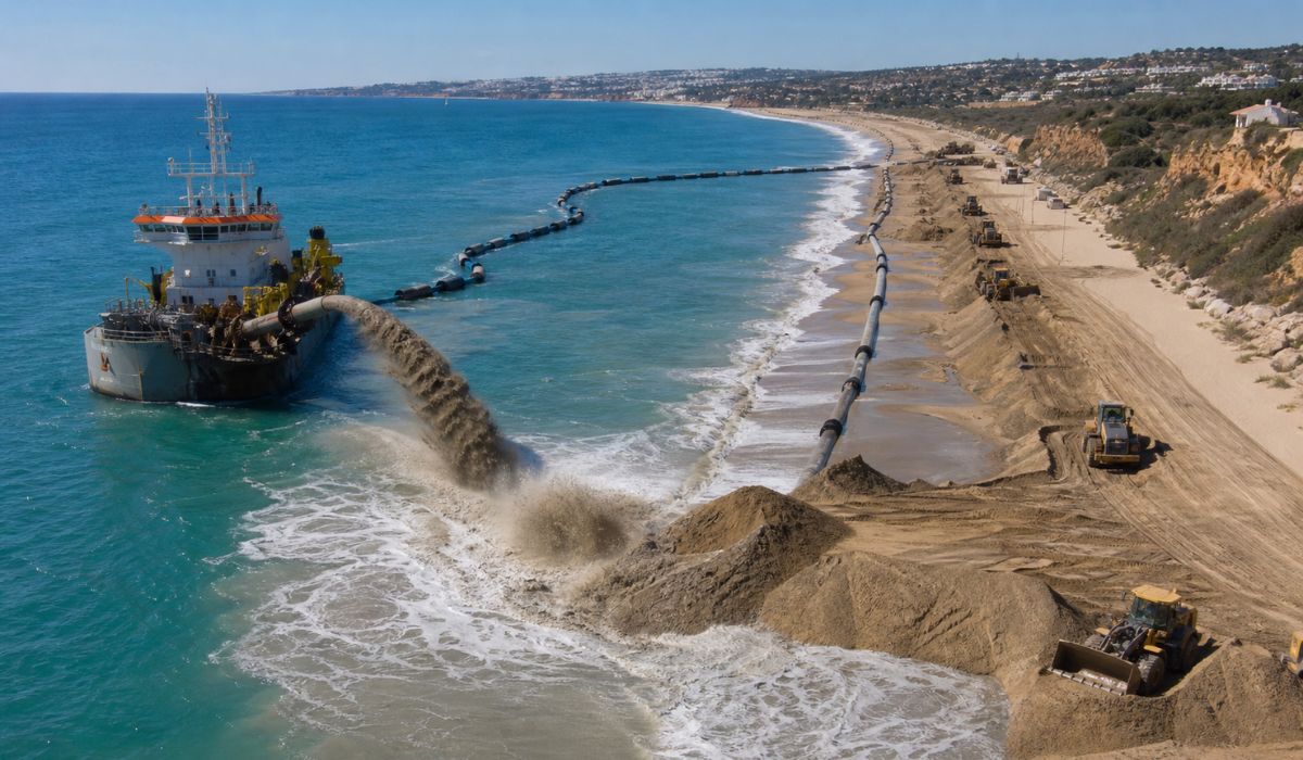 Portugal vai despejar 1,4 milhão de m³ de areia em praias do Algarve para conter a erosão costeira e proteger a faixa litorânea local. (Imagem: Ilustrativa)