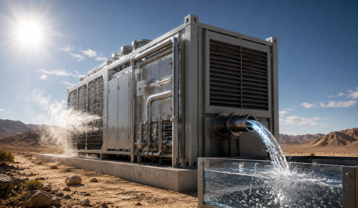 Máquina criada por cientistas captura água do ar seco e pode produzir até 1.000 litros por dia em regiões áridas e isoladas mesmo sem rede. (Imagem: Ilustrativa)