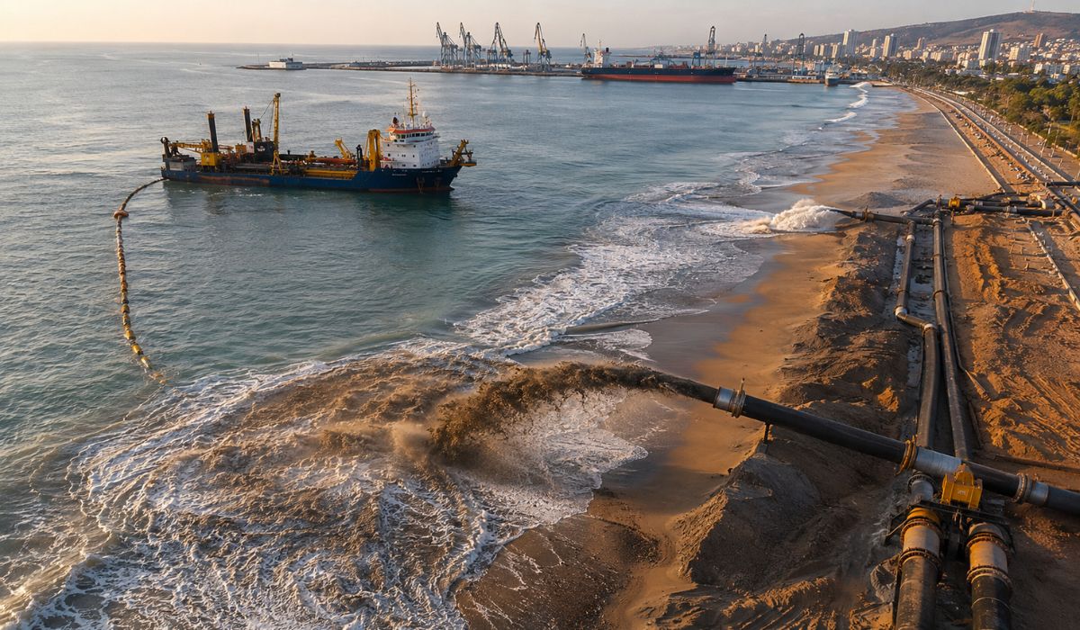 Porto indiano usa dragagem anual de 250 mil m³ para levar areia por dutos e reforçar praia turística atingida pela erosão em Visakhapatnam. (Imagem: Ilustrativa)