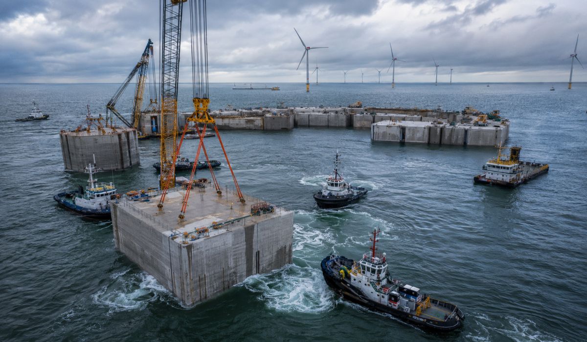 Bélgica instala 23 estruturas de 22 mil toneladas no mar para criar a primeira ilha artificial de energia do mundo no Mar do Norte. (Imagem: Ilustrativa)